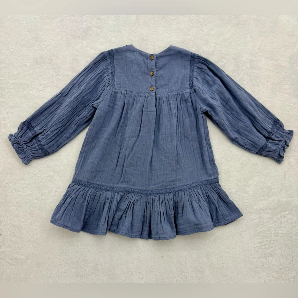 Mango kids blue embroidered cotton dress Size 3-4 Coastal Classic Easter Church